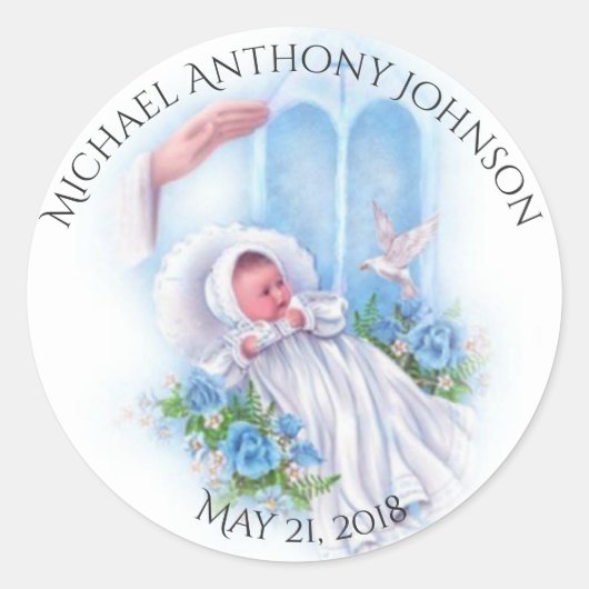 Baptism Baby Boy Blue Flowers Cross Ronde Sticker (Voorkant)