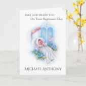 Baptism Baby Boy Blue Rozen Kruiskatholiek Kaart (Gele Bloem)