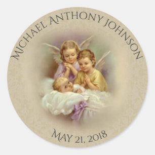 Baptism Baby Boy of GIrl engelen bidden kant Ronde Sticker