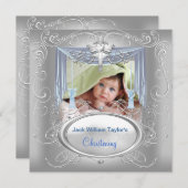 Baptism Baby Christening Boy Blue Silver Cross Aankondiging (Voorkant / Achterkant)