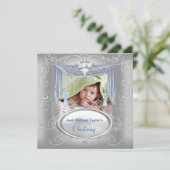 Baptism Baby Christening Boy Blue Silver Cross Aankondiging (Staand voorkant)