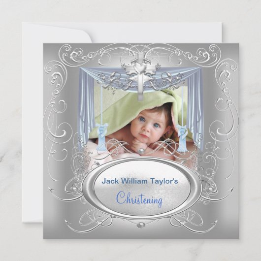 Baptism Baby Christening Boy Blue Silver Cross Aankondiging (Voorkant)