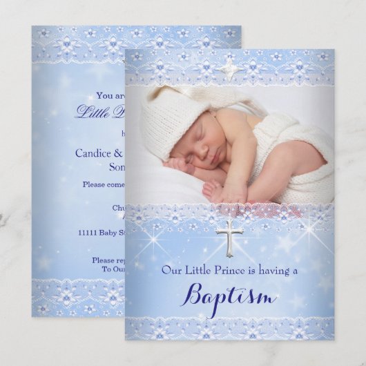 Baptism Baby Foto van Boy Blue Lace Kaart (Voorkant / Achterkant)