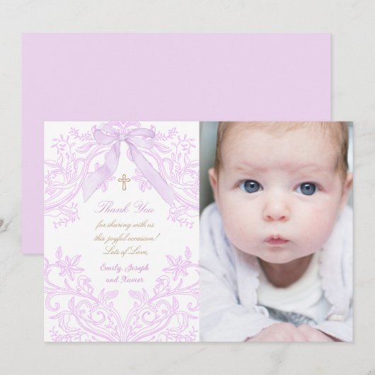 Baptism baby girl lilac design thank you card (Voorkant / Achterkant)