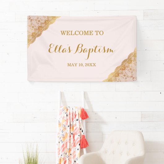 Baptism Banner Pink Gold Lace (Insitu)
