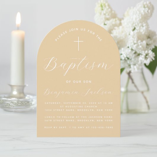 Baptism Beige Arch Eenvoudig Script Cross Lichtbru Kaart