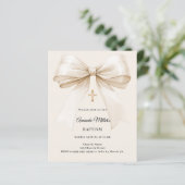 Baptism beige bow elegant invitation (Staand voorkant)