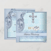 Baptism Blue Blauwgroen Cross Boy Damask christeni Kaart (Voorkant / Achterkant)