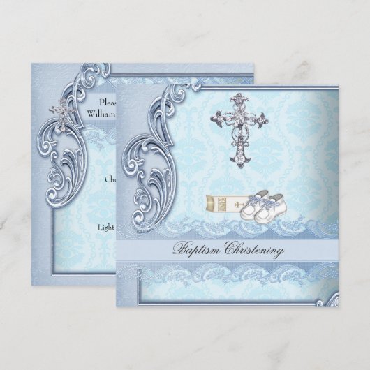 Baptism Blue Blauwgroen Cross Boy Damask christeni Kaart (Voorkant / Achterkant)