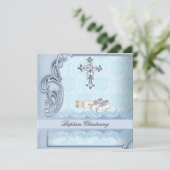 Baptism Blue Blauwgroen Cross Boy Damask christeni Kaart (Staand voorkant)