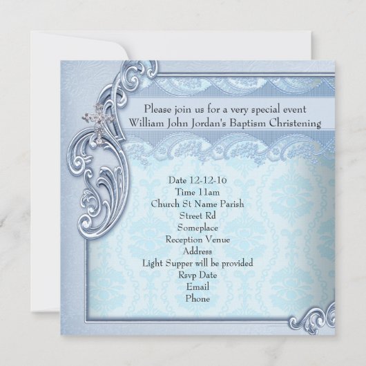 Baptism Blue Blauwgroen Cross Boy Damask christeni Kaart (Achterkant)