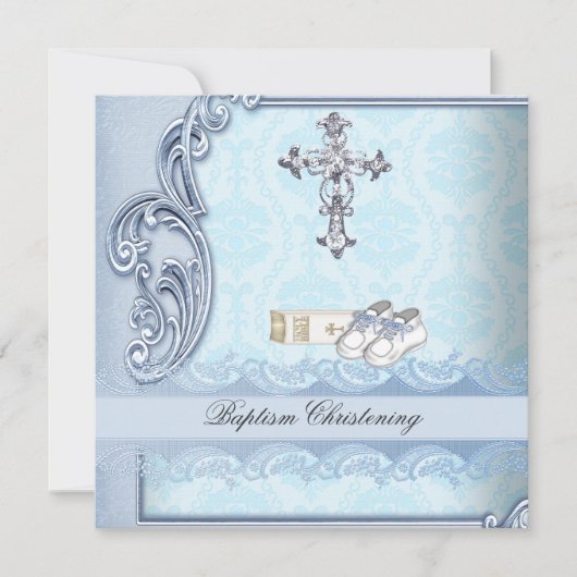 Baptism Blue Blauwgroen Cross Boy Damask christeni Kaart (Voorkant)