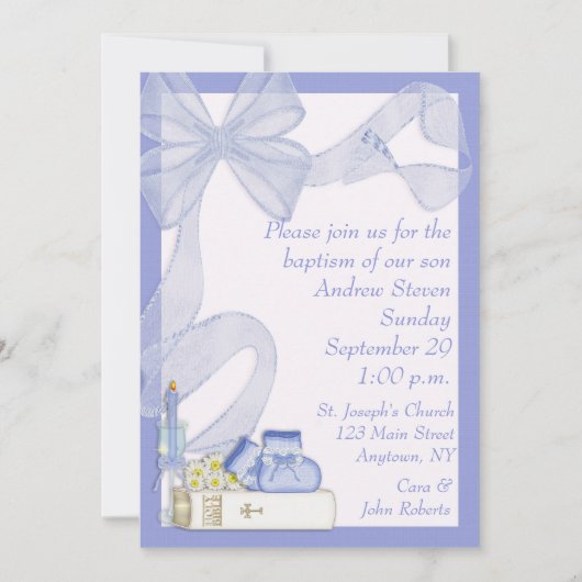 Baptism Blue Bow-uitnodiging Kaart (Voorkant)