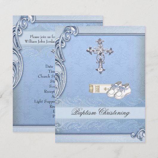 Baptism Blue Cross Boy Damask Bijbelschotels Kaart (Voorkant / Achterkant)