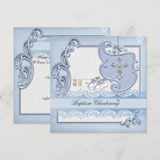 Baptism Blue Cross Boy damask christening Kaart (Voorkant / Achterkant)