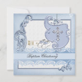 Baptism Blue Cross Boy damask christening Kaart (Voorkant)