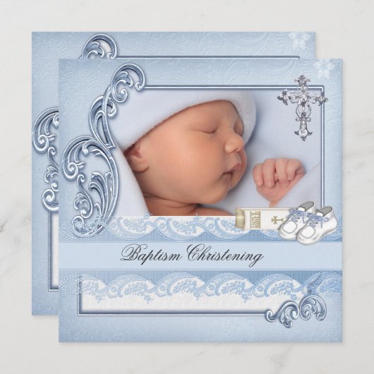 Baptism Blue Cross Boy damask christening Kaart (Voorkant / Achterkant)