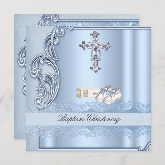 Baptism Blue Cross Boy damask christening Kaart (Voorkant / Achterkant)