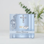 Baptism Blue Cross Boy damask christening Kaart (Staand voorkant)