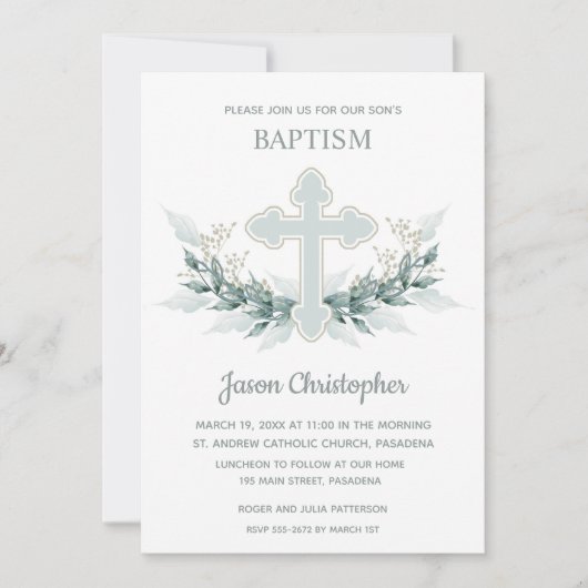 Baptism Blue Cross en Wreath Invitations (Voorkant)