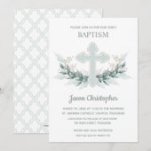 Baptism Blue Cross en Wreath Invitations (Voorkant / Achterkant)