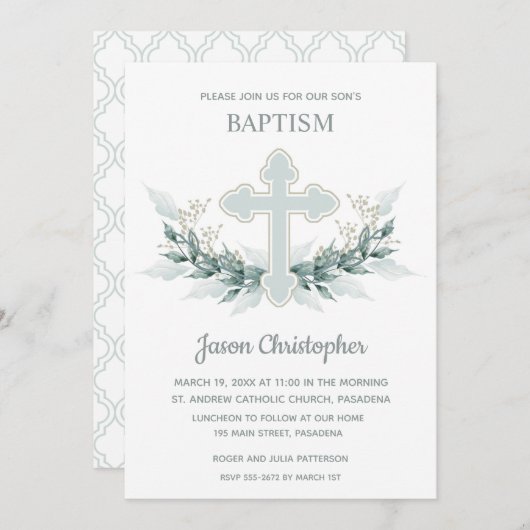 Baptism Blue Cross en Wreath Invitations (Voorkant / Achterkant)