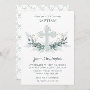 Baptism Blue Cross en Wreath Invitations