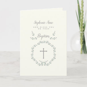 Baptism Blue en Green Leaf Wreate Kaart
