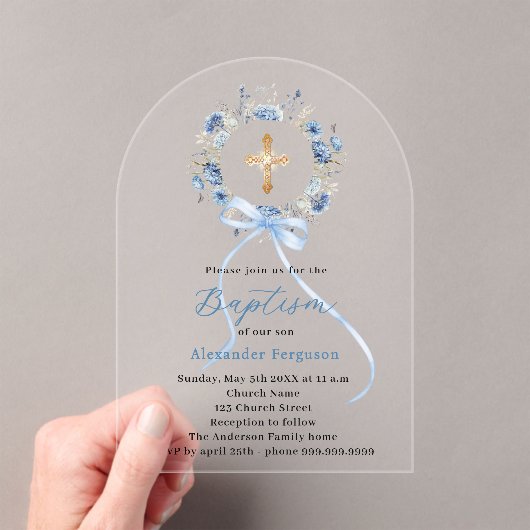 Baptism blue floral wreath boy bow arch acryl uitnodigingen (Insitu (Draagbaar))