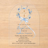 Baptism blue floral wreath boy bow arch acryl uitnodigingen (Voorkant)