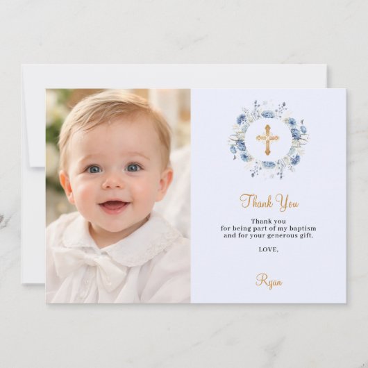 Baptism blue florals photo boy gold cross bedankkaart (Voorkant)