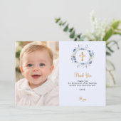 Baptism blue florals photo boy gold cross bedankkaart (Staand voorkant)