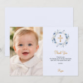 Baptism blue florals photo boy gold cross bedankkaart (Voorkant / Achterkant)