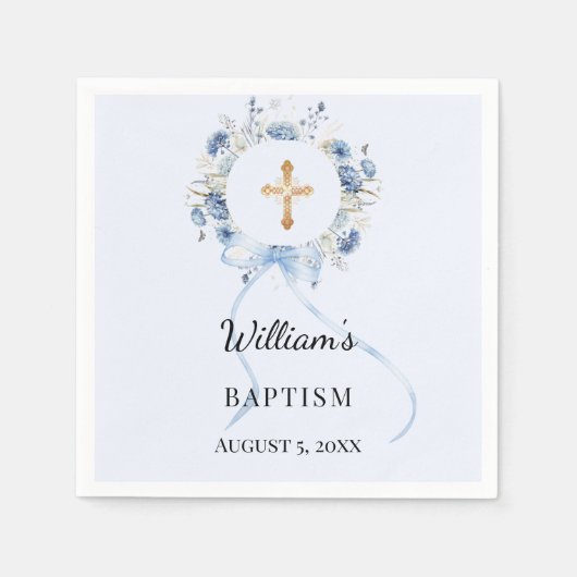 Baptism blue florals wreath boy cross servet (Voorkant)