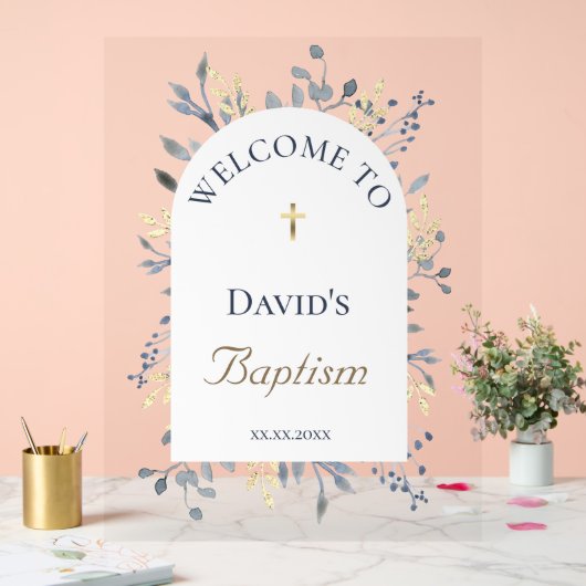 Baptism blue foliage clear welcome sign acryl bord (Huwelijk)