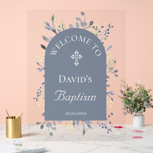 Baptism blue foliage clear welcome sign acryl bord (Huwelijk)