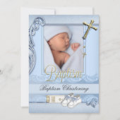 Baptism Blue Gold Cross Boy Christening 2 Kaart (Voorkant)