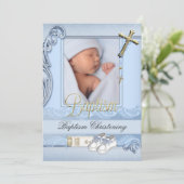 Baptism Blue Gold Cross Boy Christening 2 Kaart (Staand voorkant)