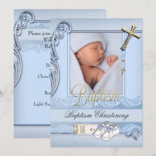 Baptism Blue Gold Cross Boy Christening 2 Kaart (Voorkant / Achterkant)