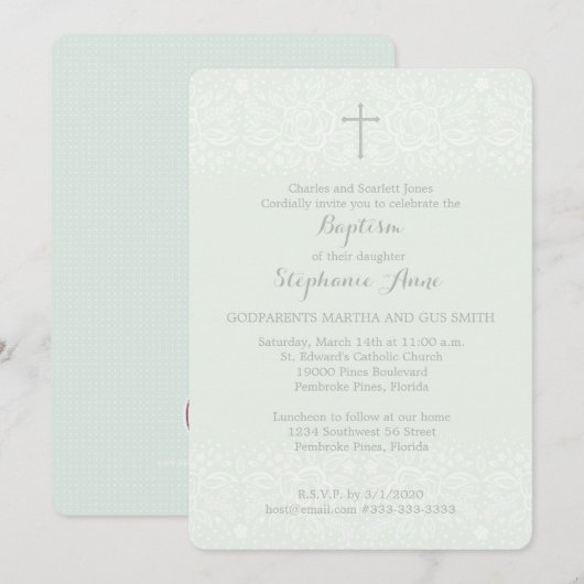 Baptism Blue Opal Delicate Floral Lace Kaart (Voorkant / Achterkant)