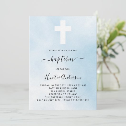 Baptism blue sky boy cross-luxe kaart (Staand voorkant)