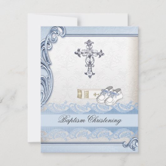 Baptism Blue White Cross Boy Damask christening Kaart (Voorkant)