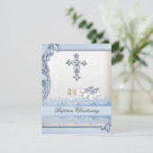 Baptism Blue White Cross Boy Damask christening Kaart (Staand voorkant)