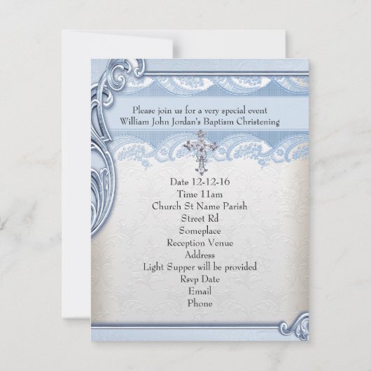 Baptism Blue White Cross Boy Damask christening Kaart (Achterkant)