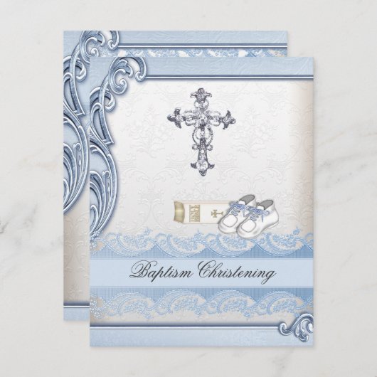 Baptism Blue White Cross Boy Damask christening Kaart (Voorkant / Achterkant)