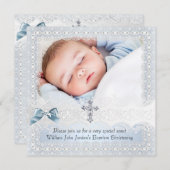 Baptism Blue White Lace Foto Jewel Cross Boy 3 Kaart (Voorkant / Achterkant)