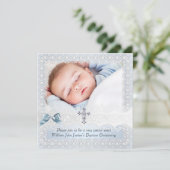 Baptism Blue White Lace Foto Jewel Cross Boy 3 Kaart (Staand voorkant)
