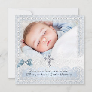 Baptism Blue White Lace Foto Jewel Cross Boy 3 Kaart