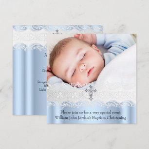 Baptism Blue White Lace Foto Jewel Cross Boy Kaart