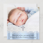 Baptism Blue White Lace Foto Jewel Cross Boy Kaart (Voorkant)